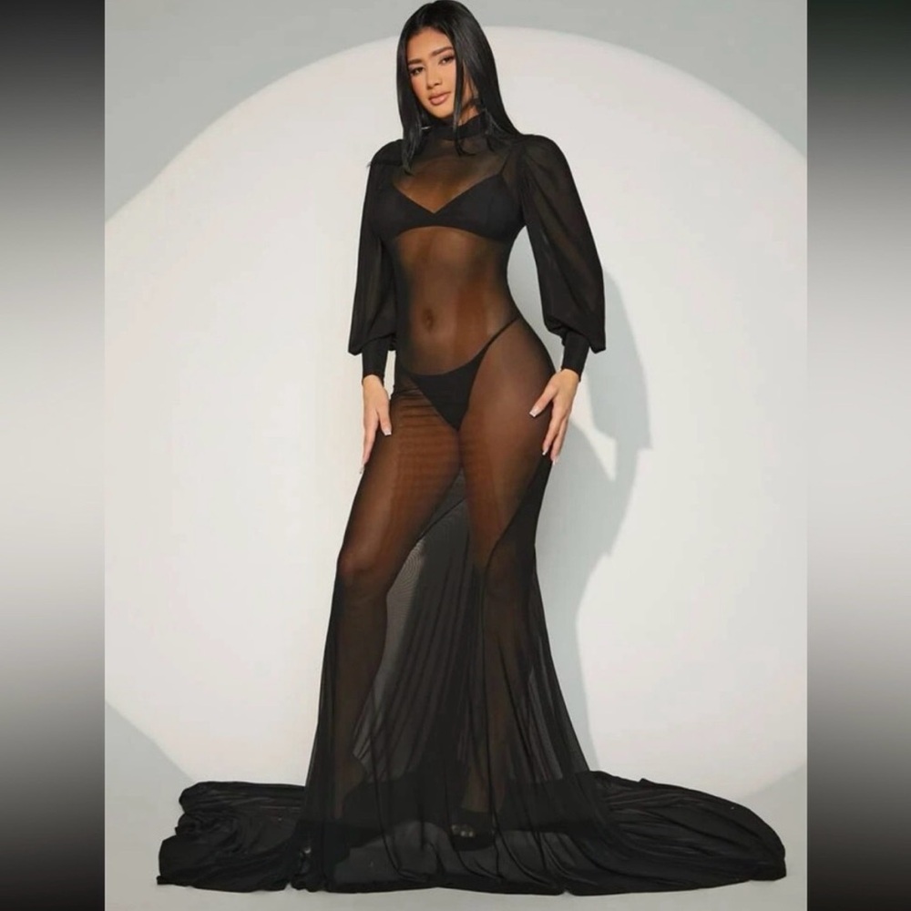 🖤Elegant Stretchy Sheer Black Long Sleeve Gown Size Small 🖤